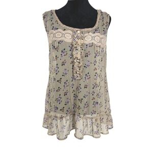 Route 66 Womens Floral Lace Ruffle Sheer Button Top XL Sleeveless Boho Coquette